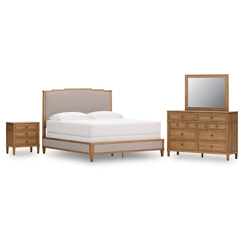 Sharlance King Upholstered Panel Bed with Mirrored Dresser and Nightstand