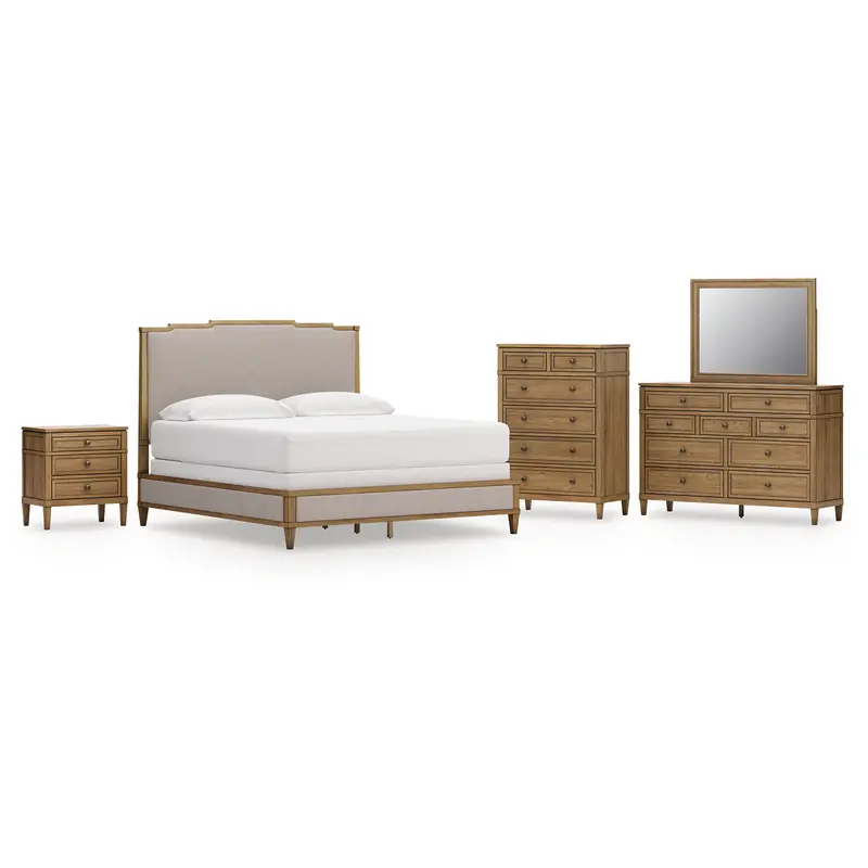 Sharlance King Upholstered Panel Bed with Mirrored Dresser, Chest and Nightstand