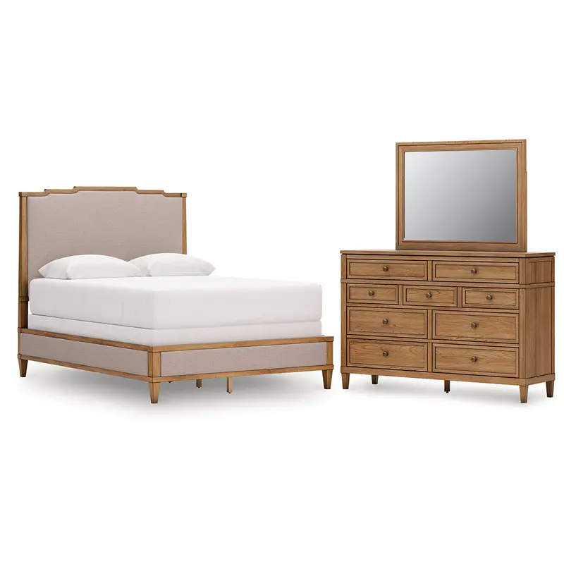 Sharlance Queen Upholstered Panel Bed with Mirrored Dresser