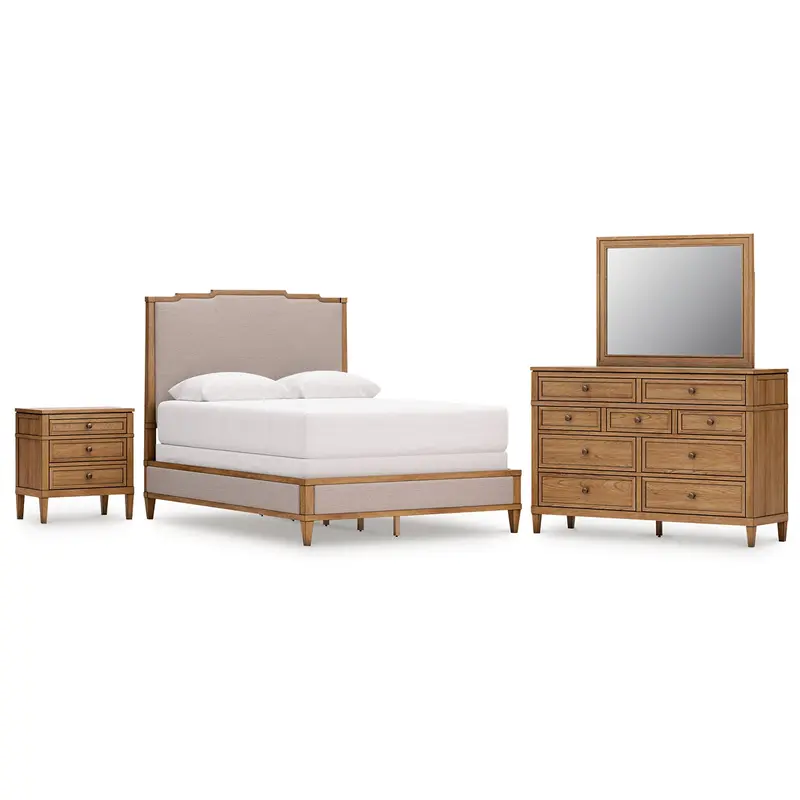Sharlance Queen Upholstered Panel Bed with Mirrored Dresser and Nightstand