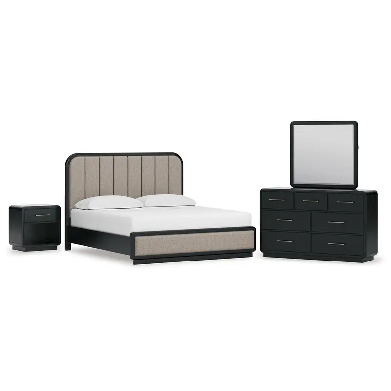 Rowanbeck King Upholstered Panel Bed with Mirrored Dresser and Nightstand
