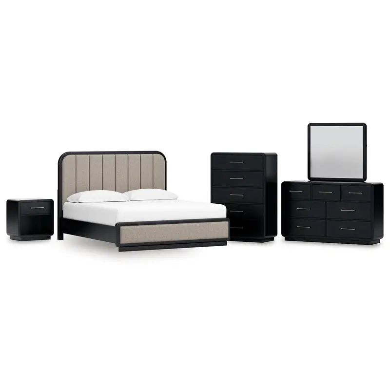 Rowanbeck King Upholstered Panel Bed with Mirrored Dresser, Chest and Nightstand