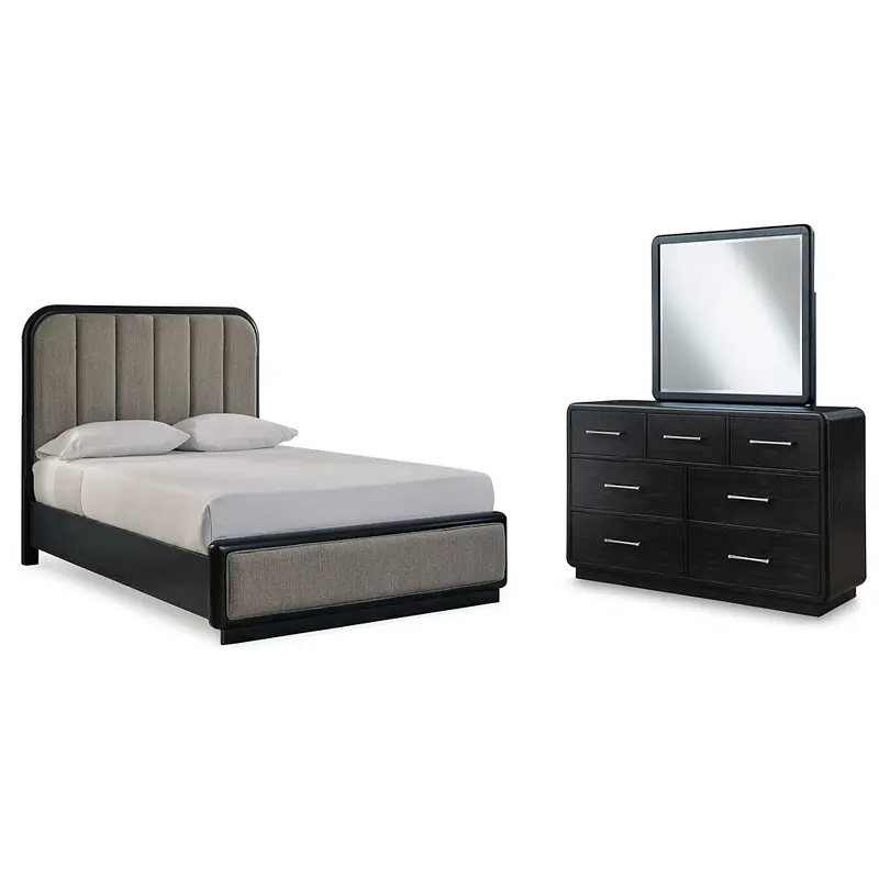 Rowanbeck Queen Upholstered Panel Bed with Mirrored Dresser