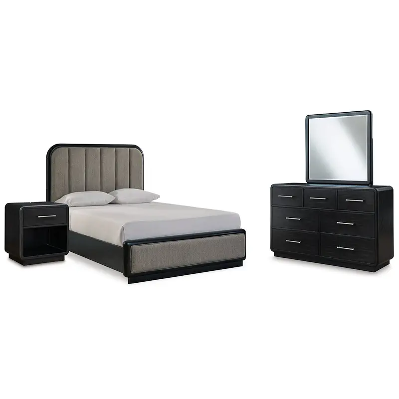 Rowanbeck Queen Upholstered Panel Bed with Mirrored Dresser and Nightstand