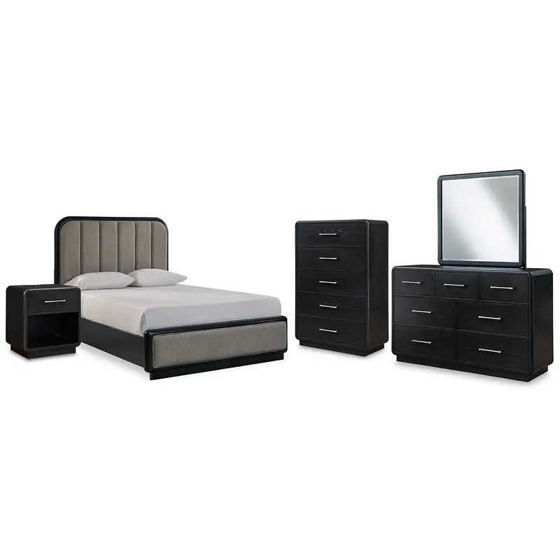 Rowanbeck Queen Upholstered Panel Bed with Mirrored Dresser, Chest and Nightstand