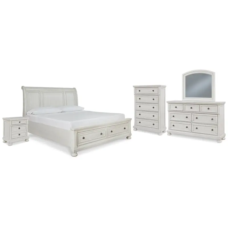 Robbinsdale King Sleigh Bed with Storage with Mirrored Dresser, Chest and Nightstand