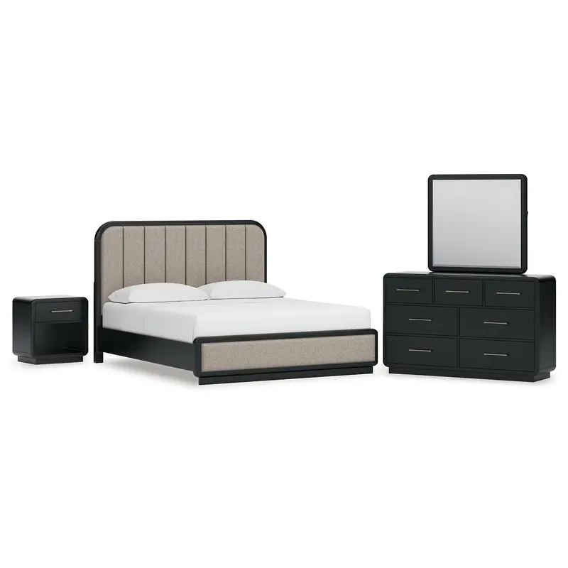Rowanbeck California King Upholstered Panel Bed with Mirrored Dresser and Nightstand