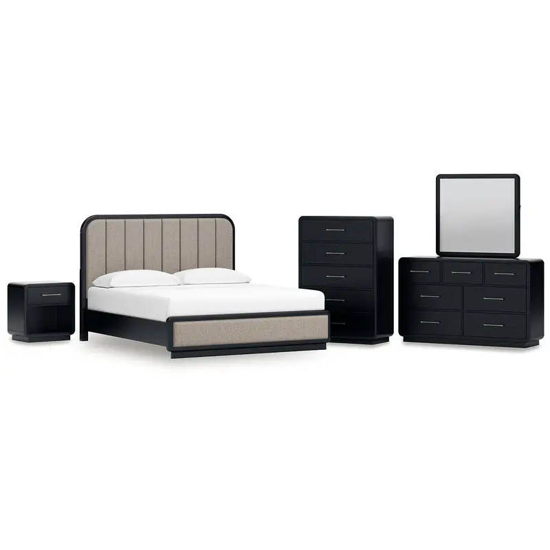Rowanbeck California King Upholstered Panel Bed with Mirrored Dresser, Chest and Nightstand