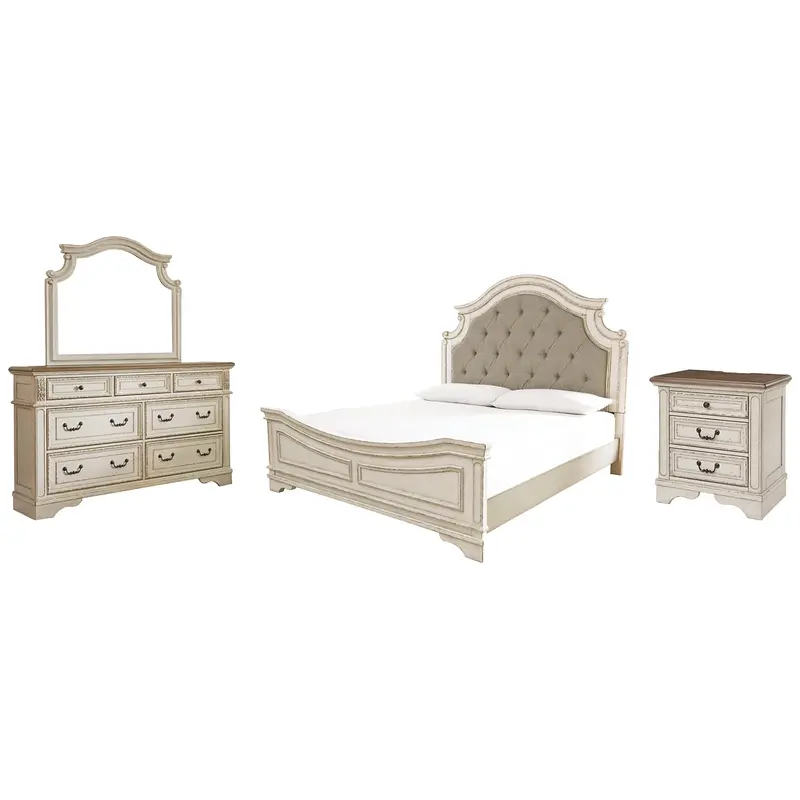 Realyn King Upholstered Panel Bed with Mirrored Dresser and Nightstand