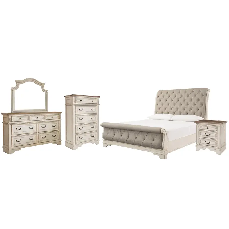 Realyn Queen Sleigh Bed with Mirrored Dresser, Chest and Nightstand