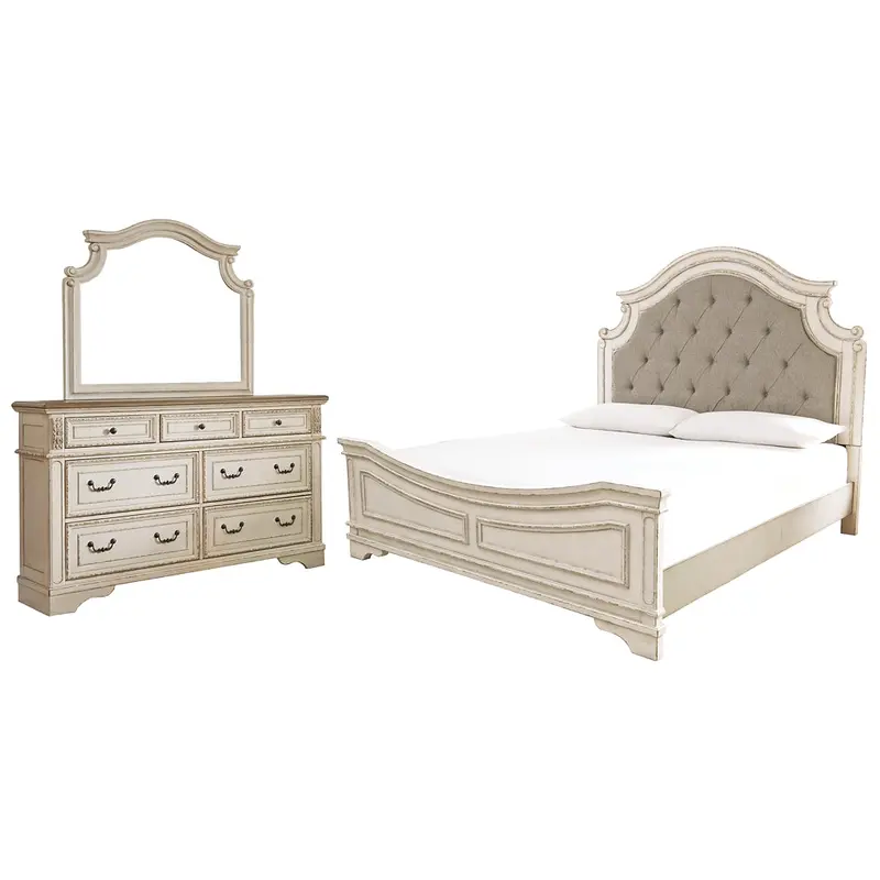 Realyn Queen Upholstered Panel Bed with Mirrored Dresser
