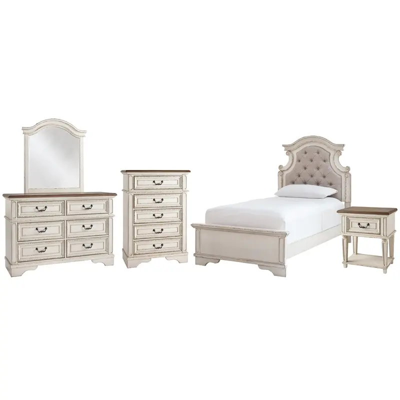 Realyn Twin Panel Bed with Mirrored Dresser, Chest and Nightstand