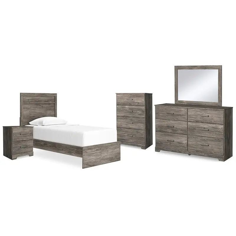 Ralinksi Twin Panel Bed with Mirrored Dresser, Chest and Nightstand