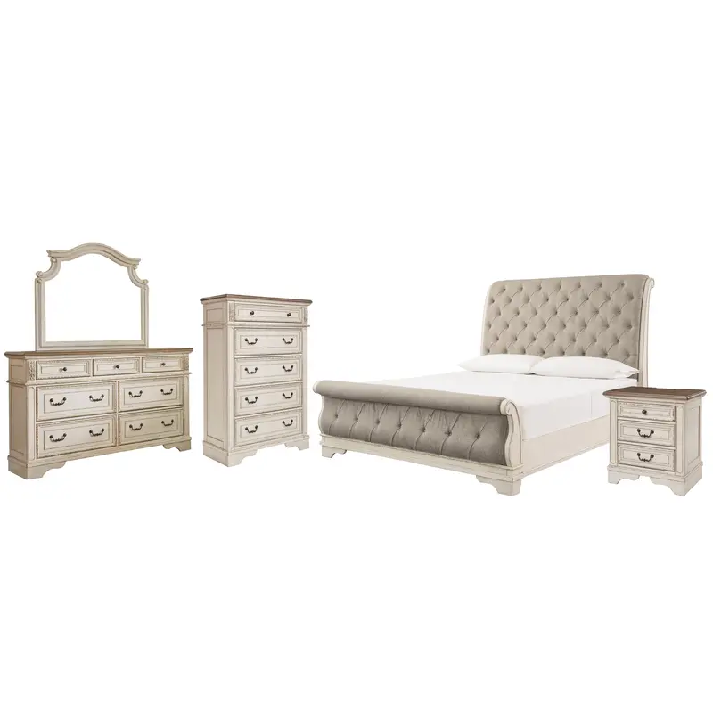 Realyn California King Sleigh Bed with Mirrored Dresser, Chest and Nightstand