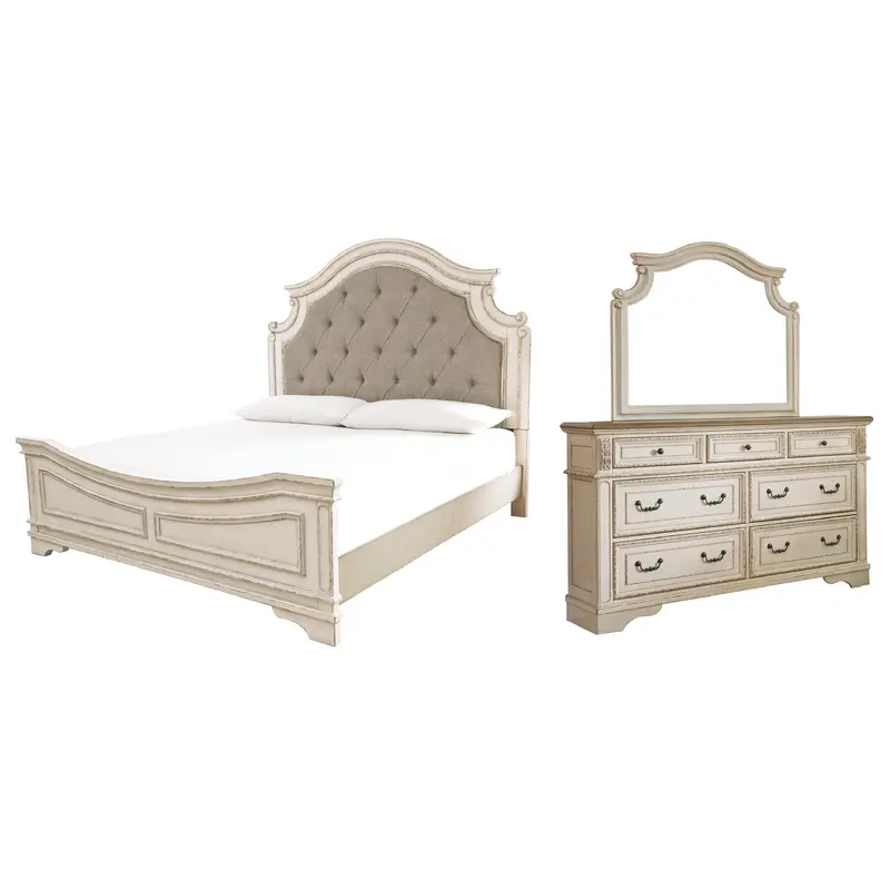 Realyn California King Upholstered Panel Bed with Mirrored Dresser
