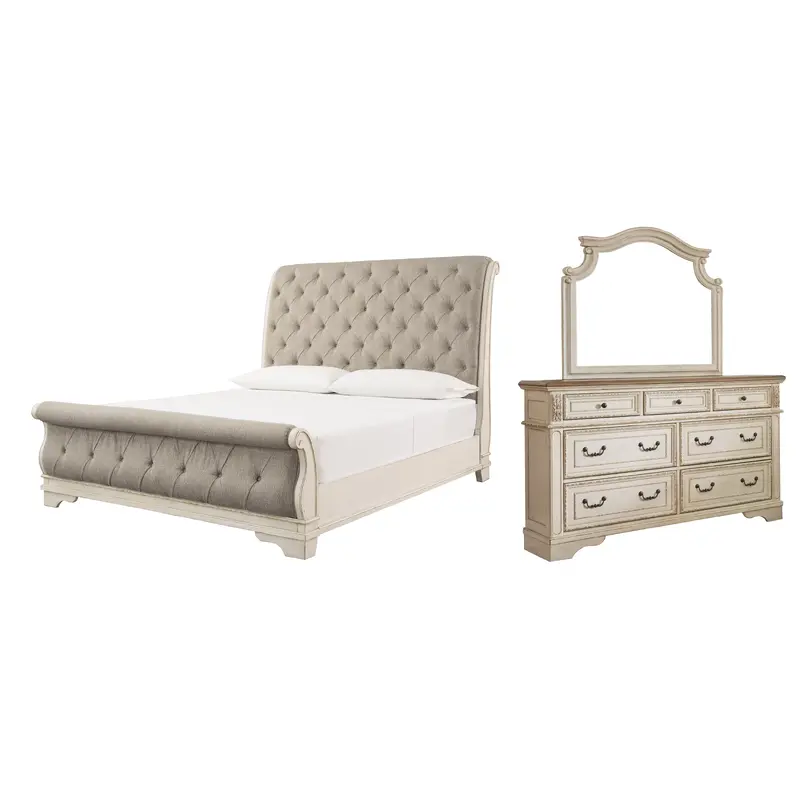 Realyn  Sleigh Bed With Mirrored Dresser