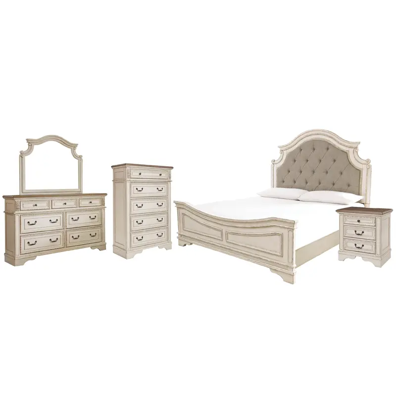 Realyn  Upholstered Panel Bed With Mirrored Dresser, Chest And Nightstand