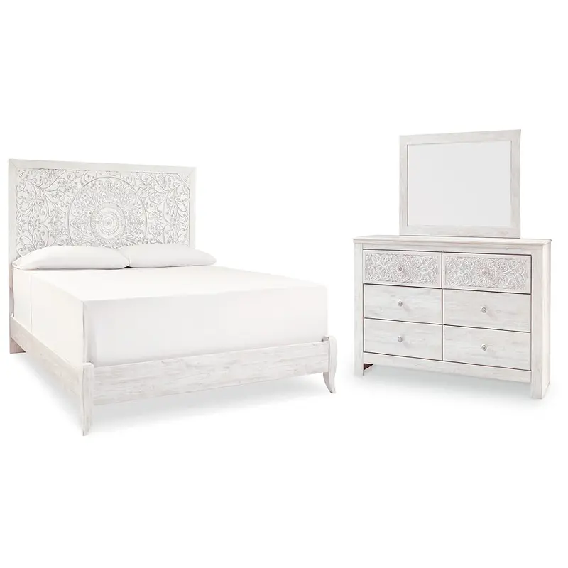 Paxberry King Panel Bed with Mirrored Dresser