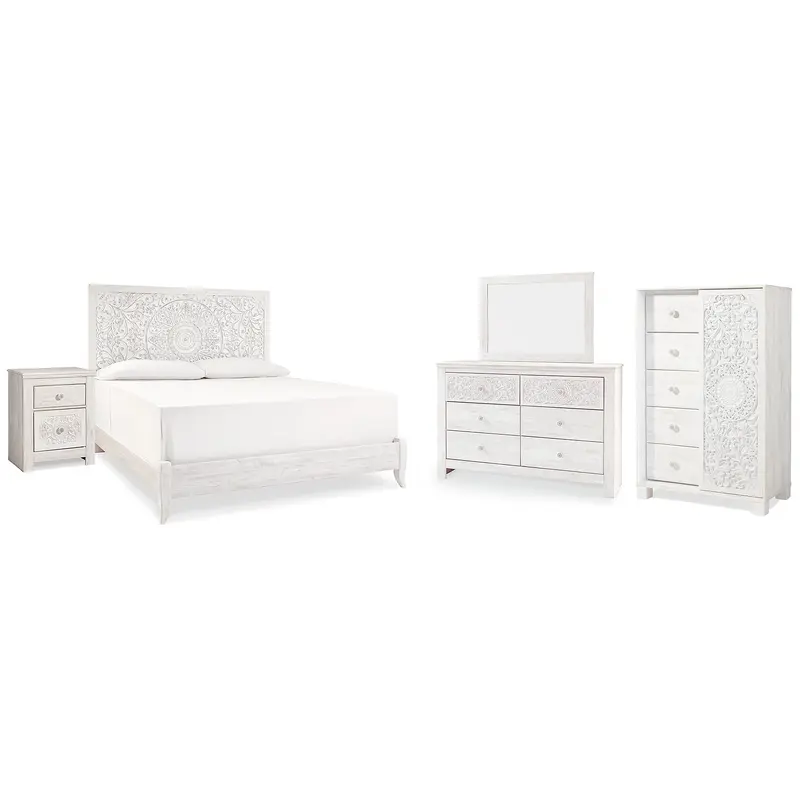 Paxberry King Panel Bed with Mirrored Dresser, Chest and Nightstand