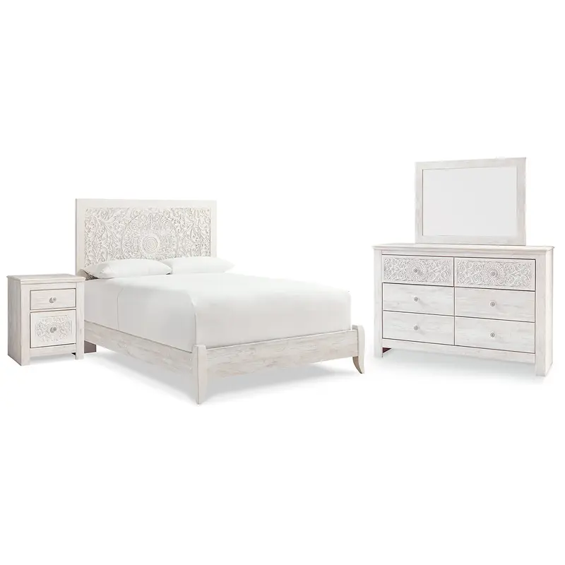 Paxberry Queen Panel Bed with Mirrored Dresser and Nightstand
