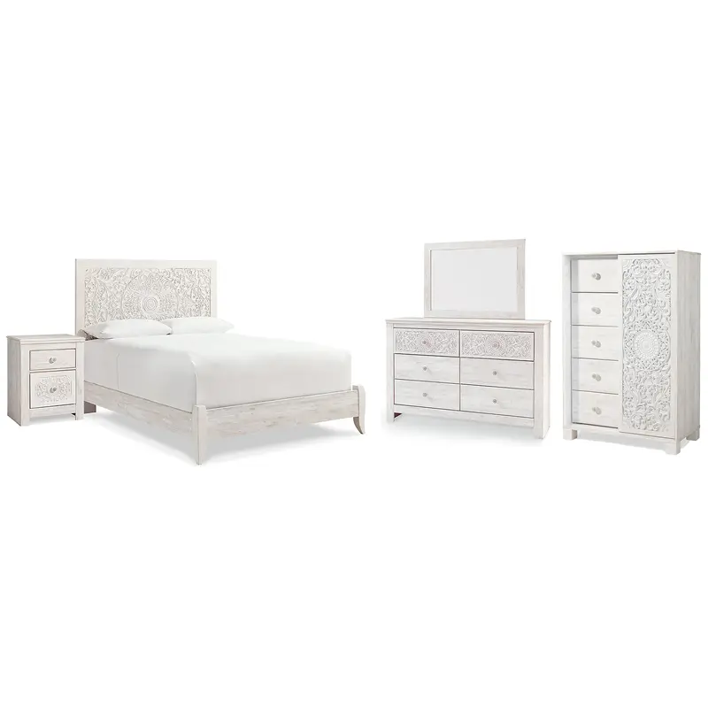 Paxberry Queen Panel Bed with Mirrored Dresser, Chest and Nightstand
