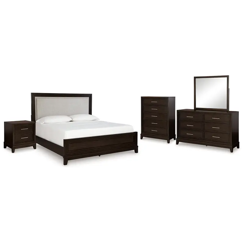 Neymorton California King Upholstered Panel Bed with Mirrored Dresser, Chest and Nightstand