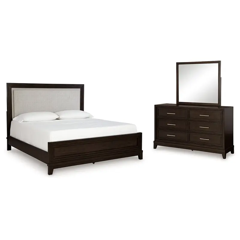Neymorton King Upholstered Panel Bed with Mirrored Dresser