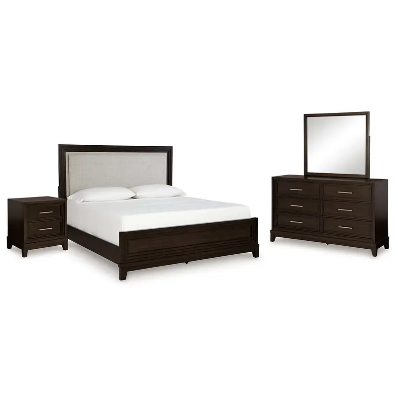 Neymorton King Upholstered Panel Bed with Mirrored Dresser and Nightstand