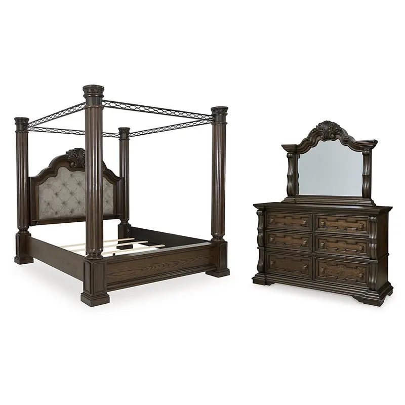 Maylee King Canopy Bed with Mirrored Dresser