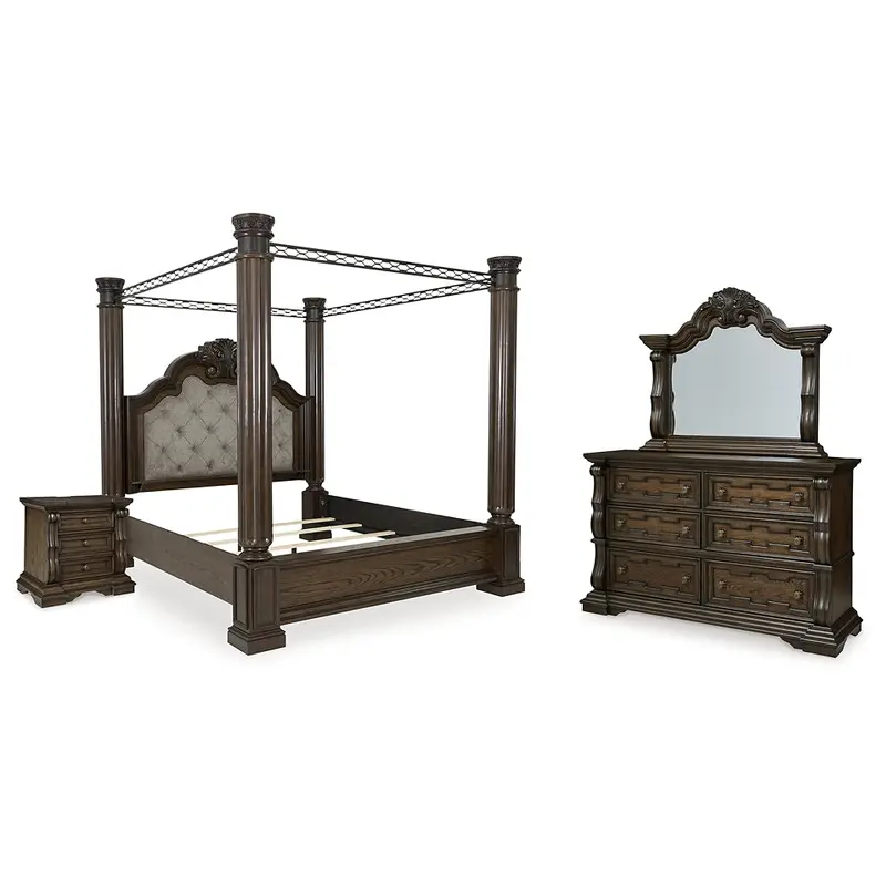 Maylee King Canopy Bed with Mirrored Dresser and Nightstand