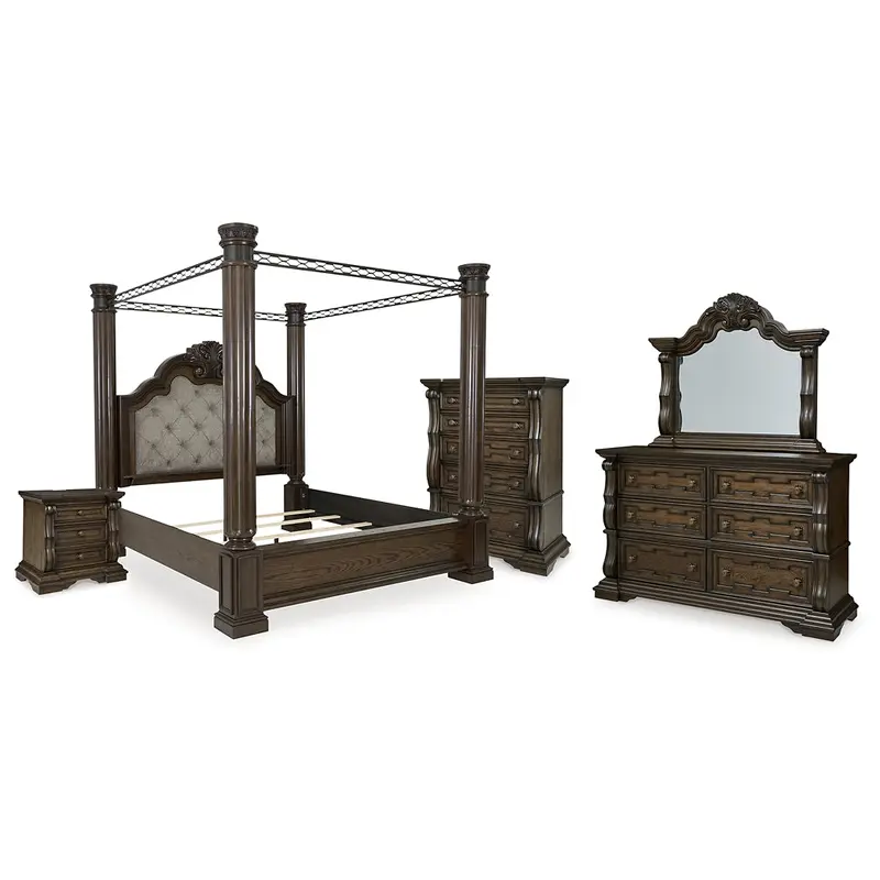 Maylee King Canopy Bed with Mirrored Dresser, Chest and Nightstand