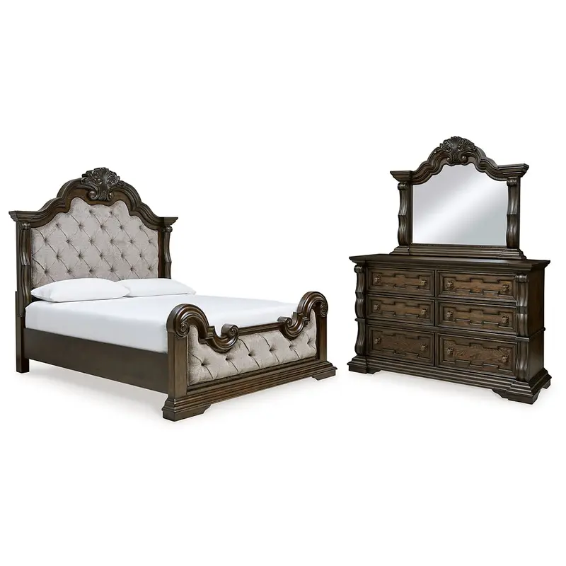 Maylee King Upholstered Bed with Mirrored Dresser