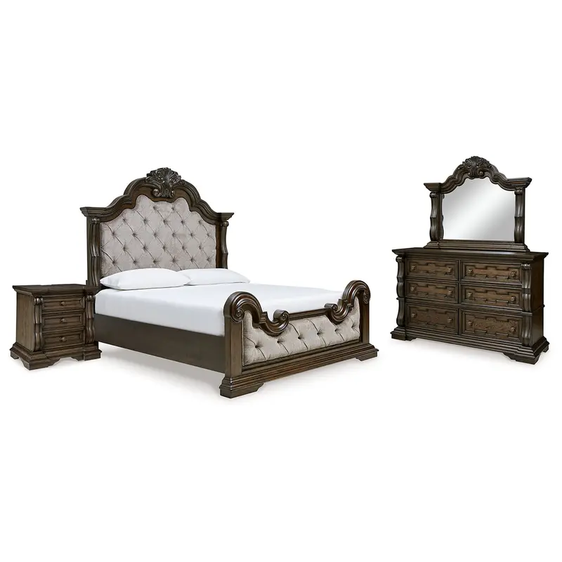 Maylee King Upholstered Bed with Mirrored Dresser and Nightstand