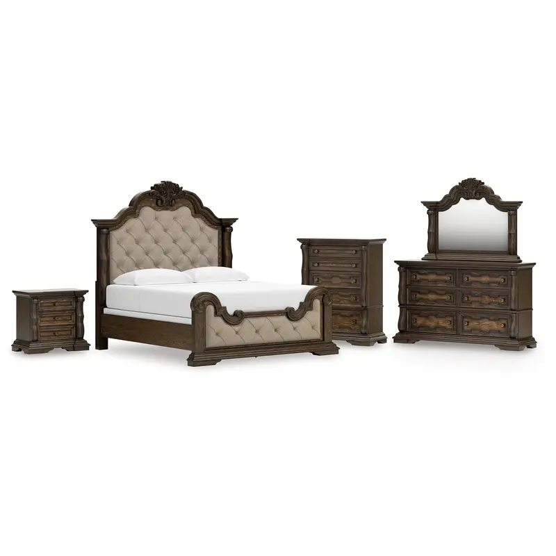 Maylee King Upholstered Bed with Mirrored Dresser, Chest and Nightstand