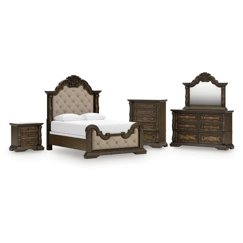 Maylee Queen Upholstered Bed with Mirrored Dresser, Chest and Nightstand