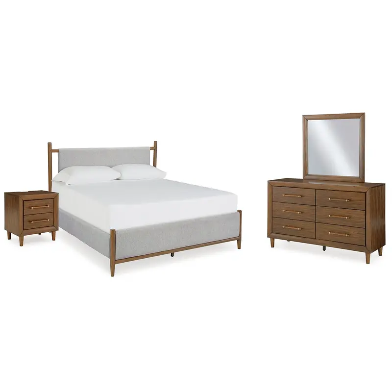 Lyncott California King Upholstered Bed with Mirrored Dresser and Nightstand