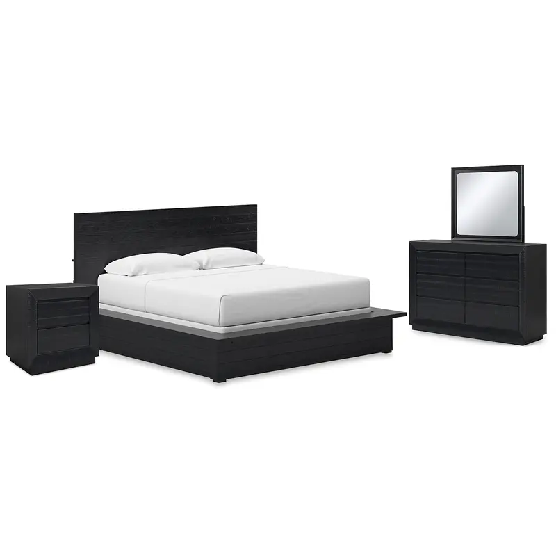 Londer King Panel Bed with Mirrored Dresser and Nightstand