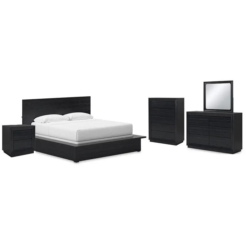 Londer King Panel Bed with Mirrored Dresser, Chest and Nightstand