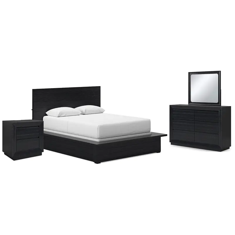 Londer Queen Panel Bed with Mirrored Dresser and Nightstand