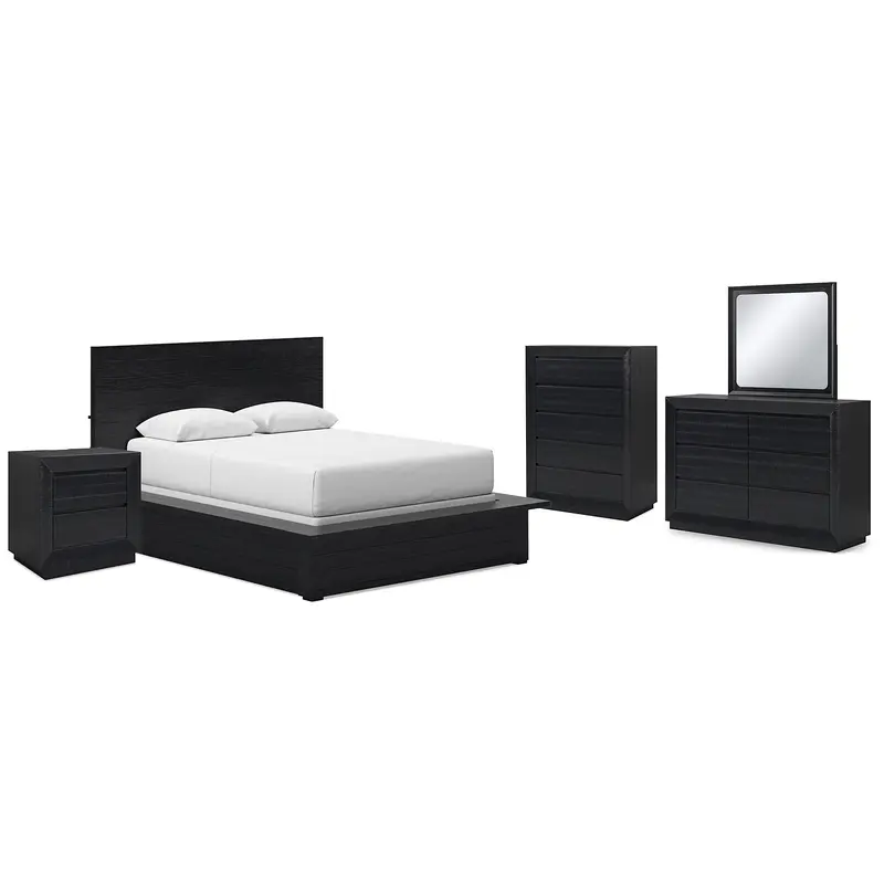 Londer Queen Panel Bed with Mirrored Dresser, Chest and Nightstand