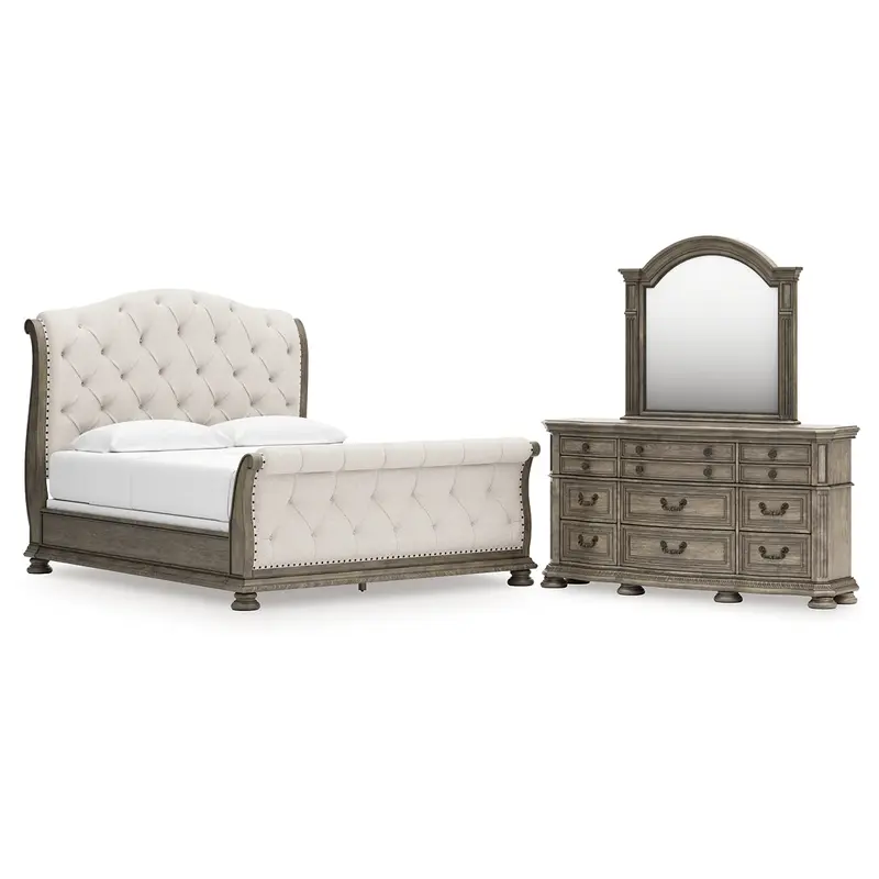 Ardenfield California King Upholstered Sleigh Bed with Mirrored Dresser