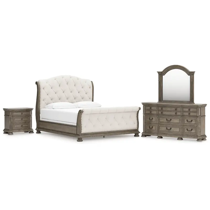 Ardenfield California King Upholstered Sleigh Bed with Mirrored Dresser and Nightstand