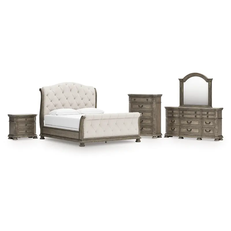 Ardenfield California King Upholstered Sleigh Bed with Mirrored Dresser, Chest and Nightstand