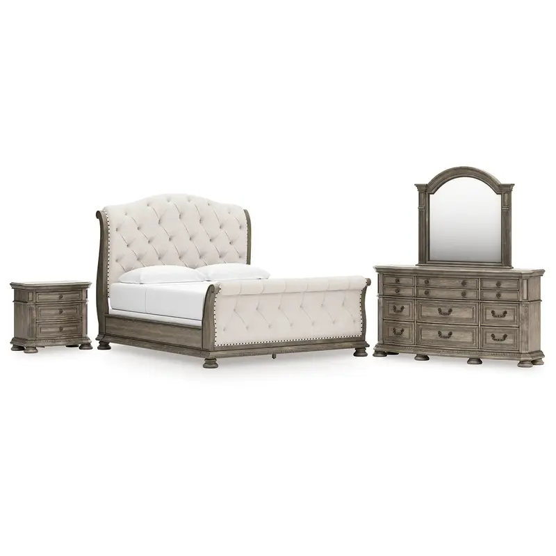 Ardenfield King Upholstered Sleigh Bed with Mirrored Dresser and Nightstand