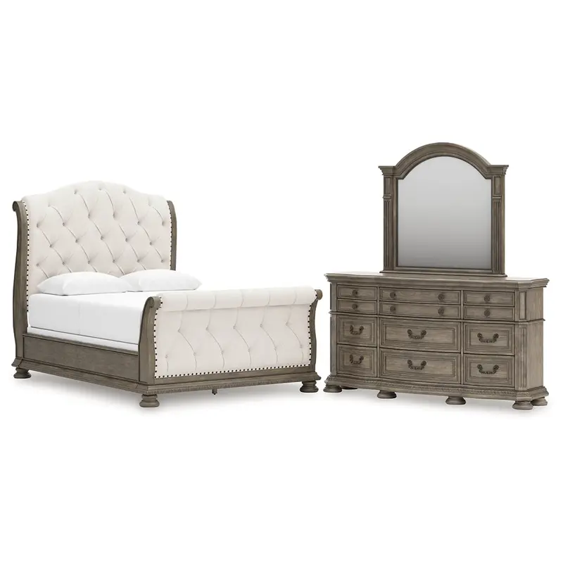 Ardenfield Queen Upholstered Sleigh Bed with Mirrored Dresser