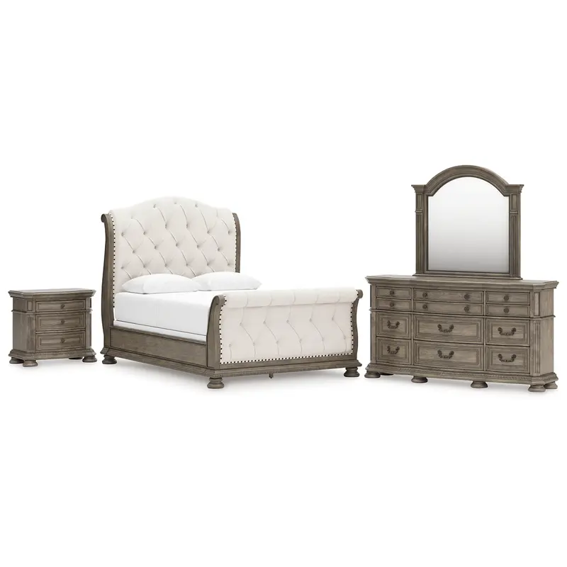 Ardenfield Queen Upholstered Sleigh Bed with Mirrored Dresser and Nightstand