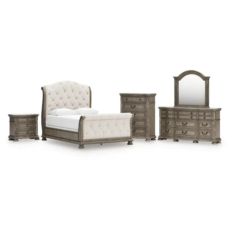 Ardenfield Queen Upholstered Sleigh Bed with Mirrored Dresser, Chest and Nightstand