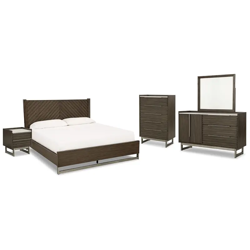 Arkenton California King Panel Bed with Mirrored Dresser, Chest and Nightstand