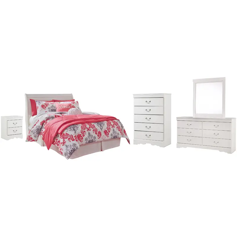 Anarasia Full Sleigh Headboard Bed with Mirrored Dresser, Chest and Nightstand