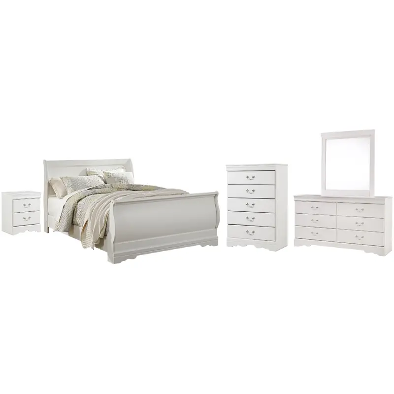 Anarasia Queen Sleigh Bed with Mirrored Dresser, Chest and Nightstand